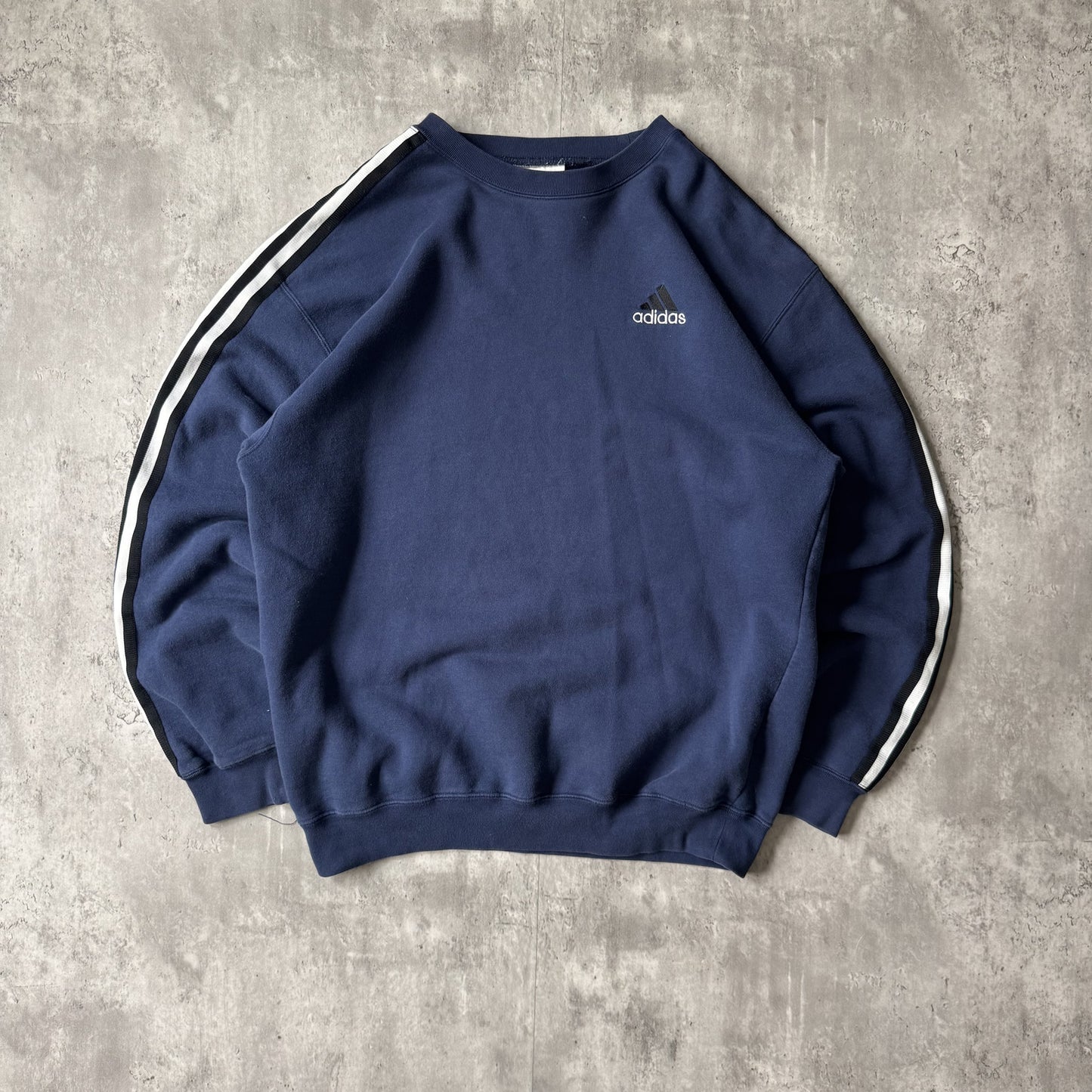 90s Adidas Navy Blue Crewneck Sweatshirt with Stripes - L