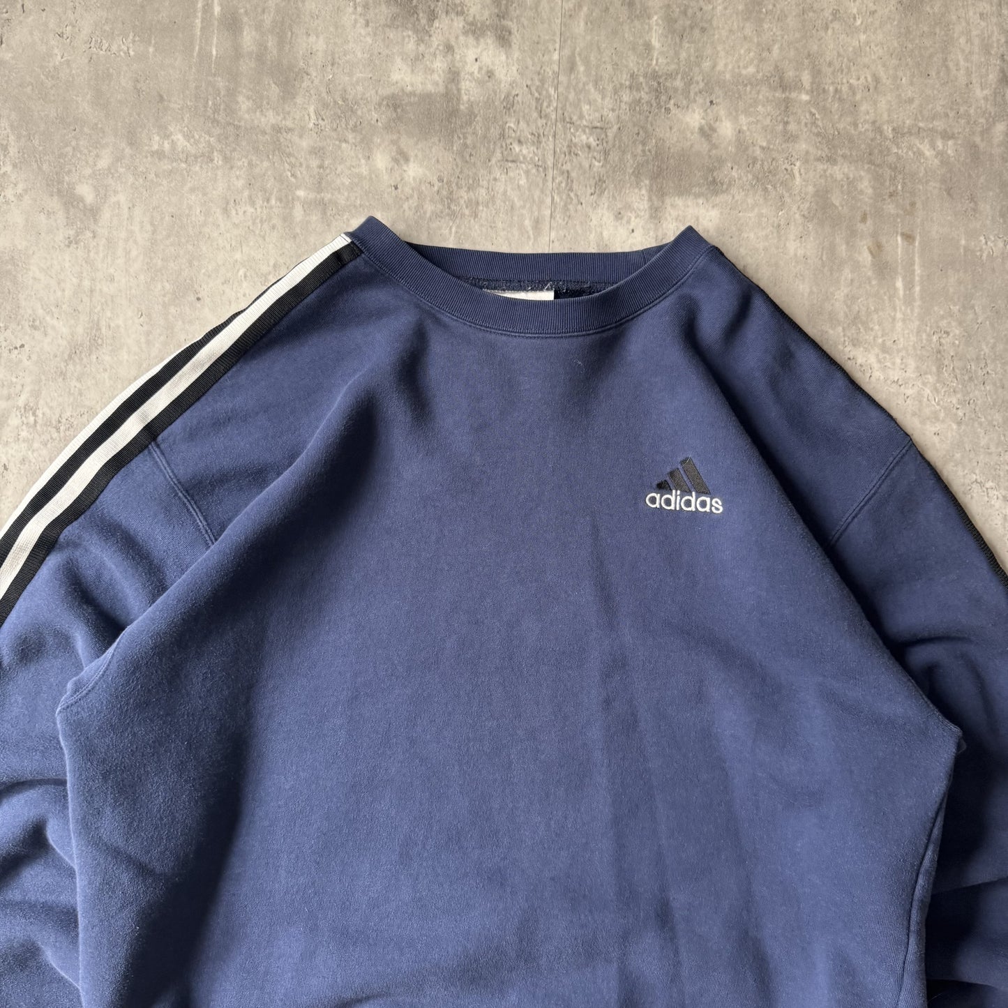 90s Adidas Navy Blue Crewneck Sweatshirt with Stripes - L