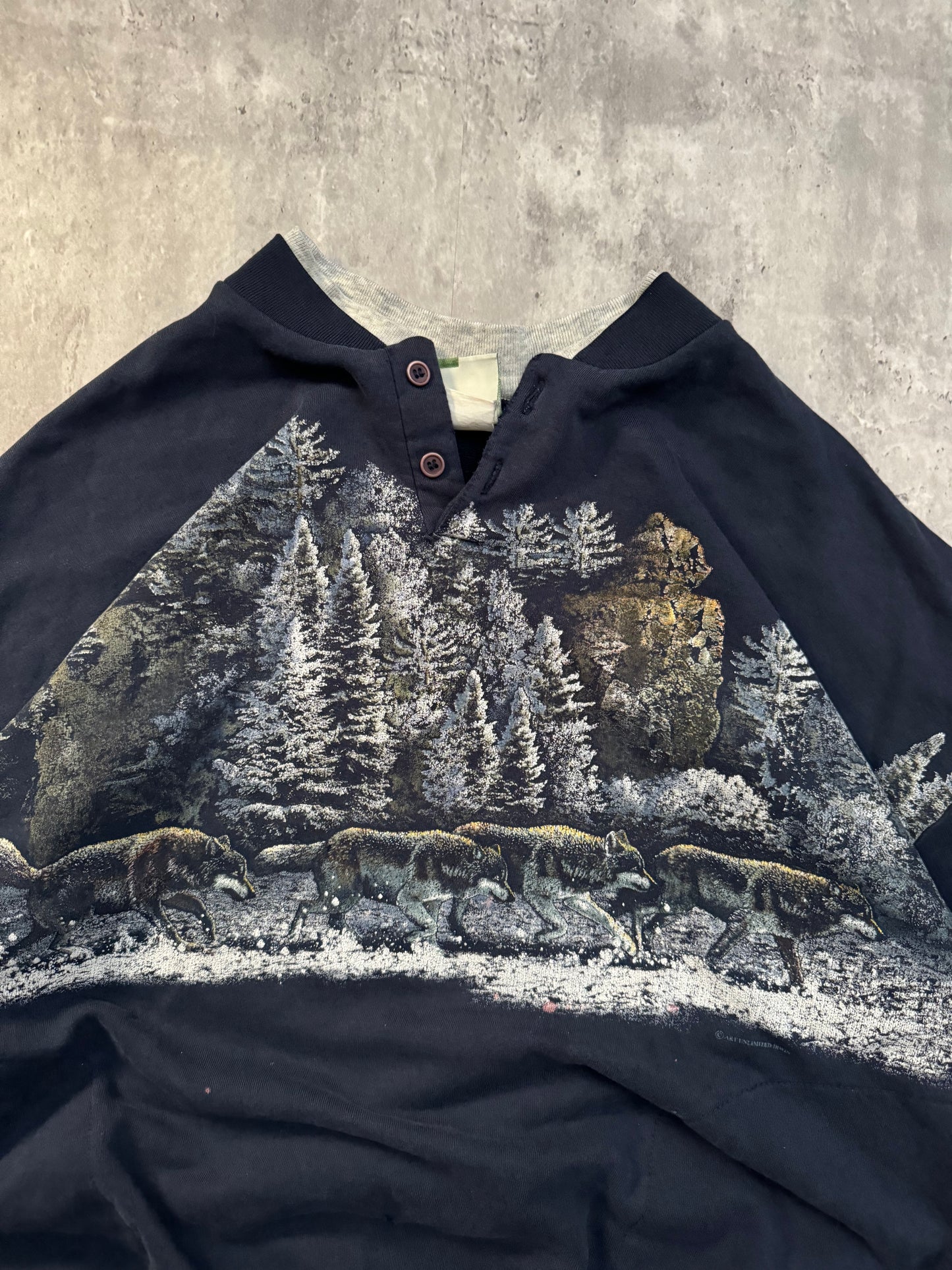 90's Wolf Pack Quarter Button Sweatshirt - L/XL