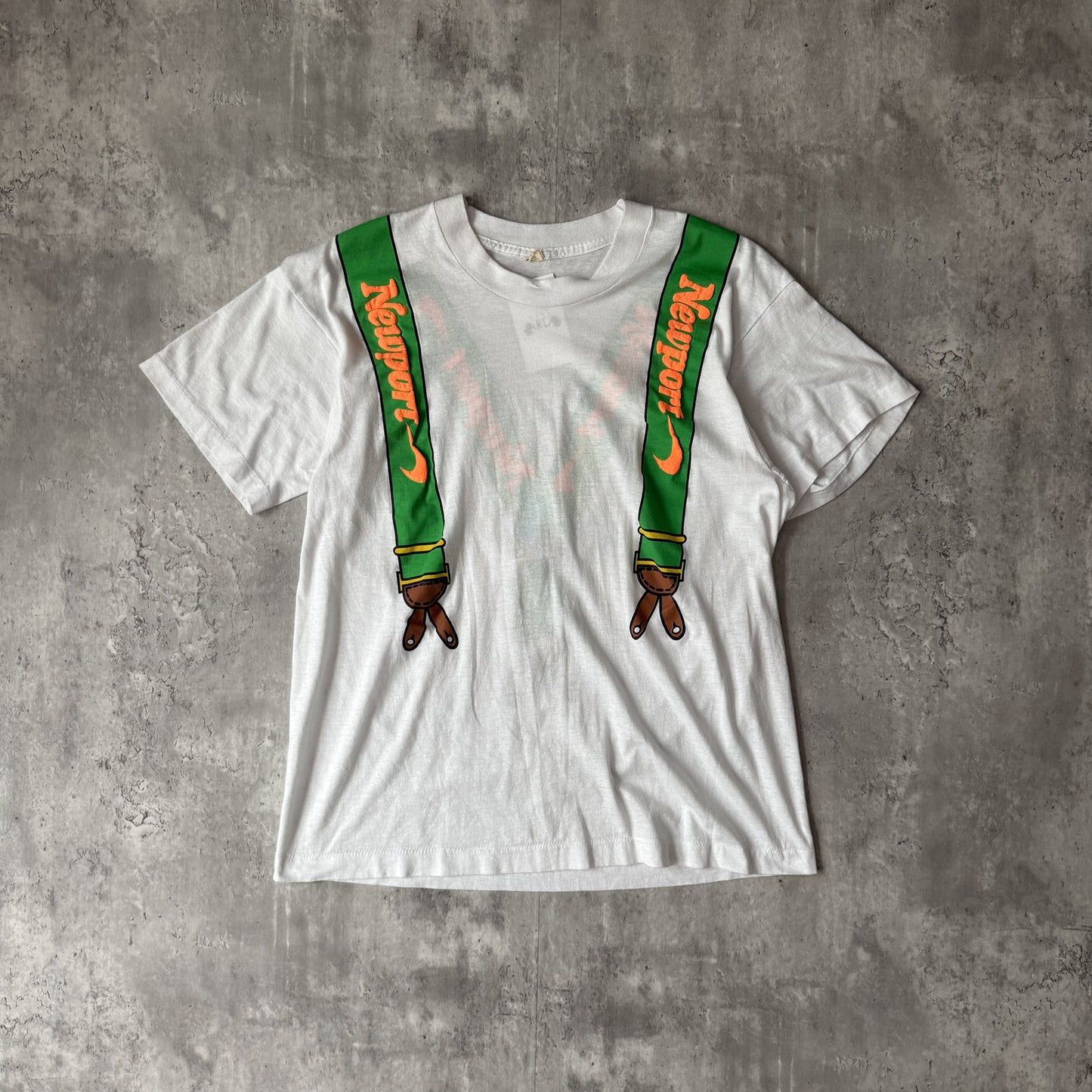 Vintage 80s White Newport Graphic Suspender T-shirt - XL