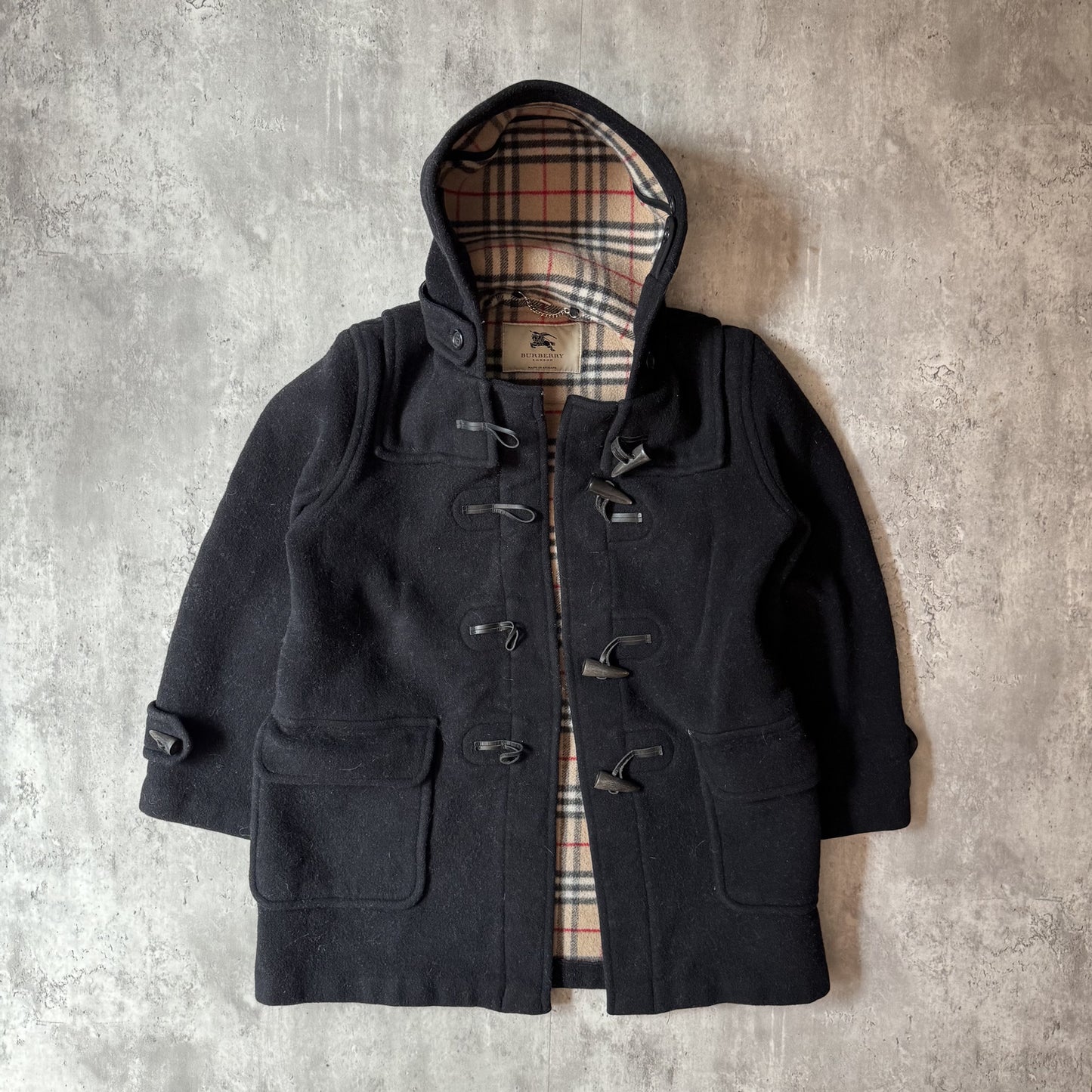 Burberry London Black Wool Hooded Duffle Coat Classic T -M/L